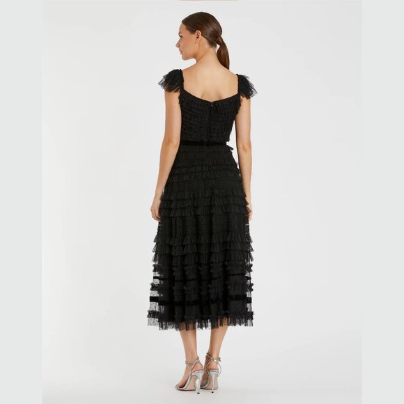 Mac Duggal 8054 Size 14 Black Ruffle Cap Sleeve Tiered Ruffled Midi Dress‎ - Picture 4 of 4